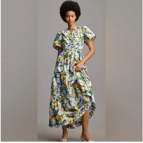 Anthropologie Dresses & Skirts - Anthropologie Somerset Tiered Maxi Dress in Iris Blue with Lemons - Size XS‎